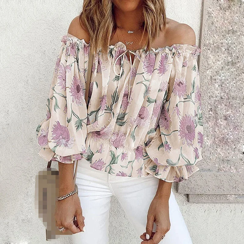 Spring Autumn Women's New Sexy One Neck Off Shoulder Chiffon Shirt Loose Fashion Printed Casual Long Sleeve T-shirt Top