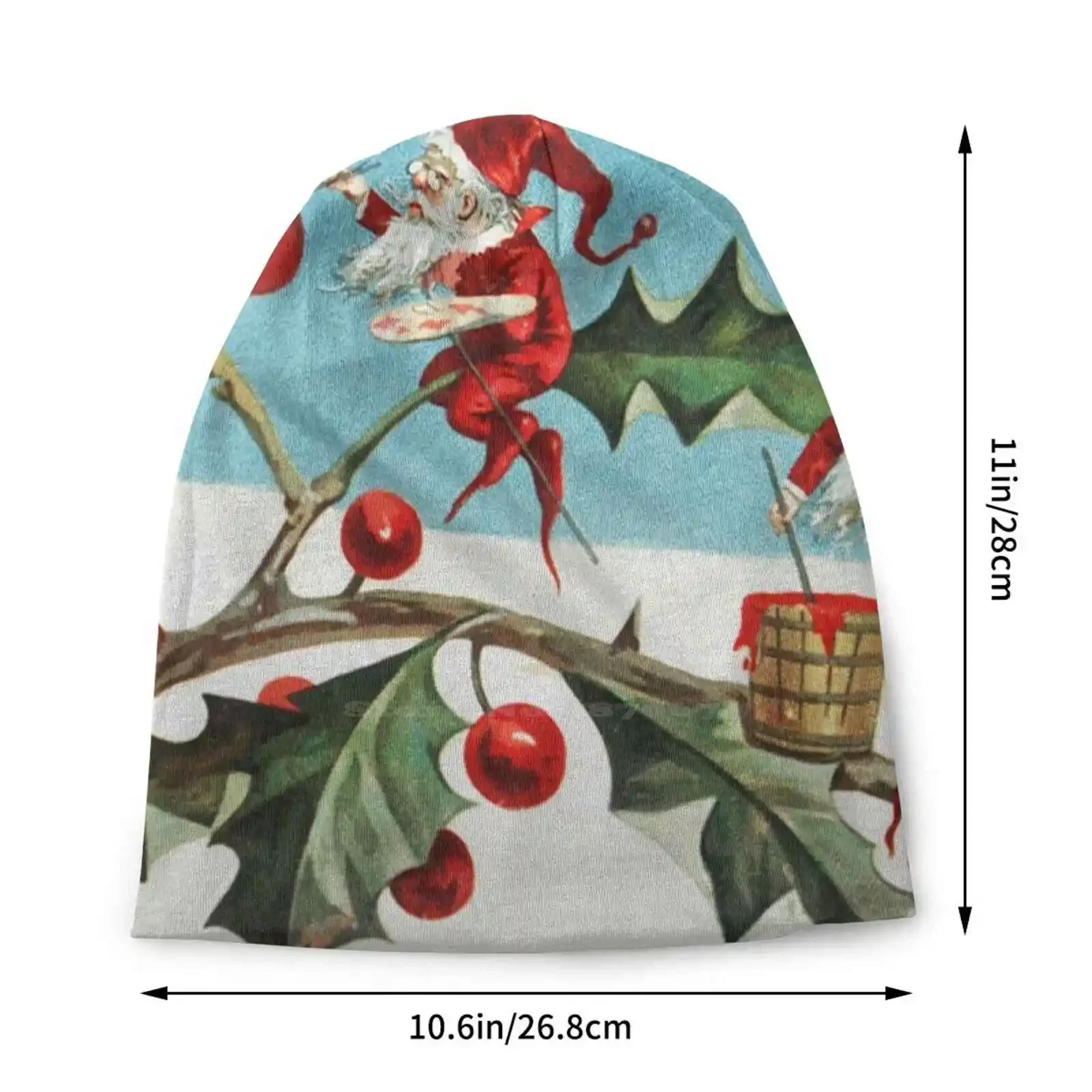 Vintage Elves Painting Berries On Holly Leaves By L. Prang & Co Knitted Hat Warm Beanie Outdoor Caps Vintage