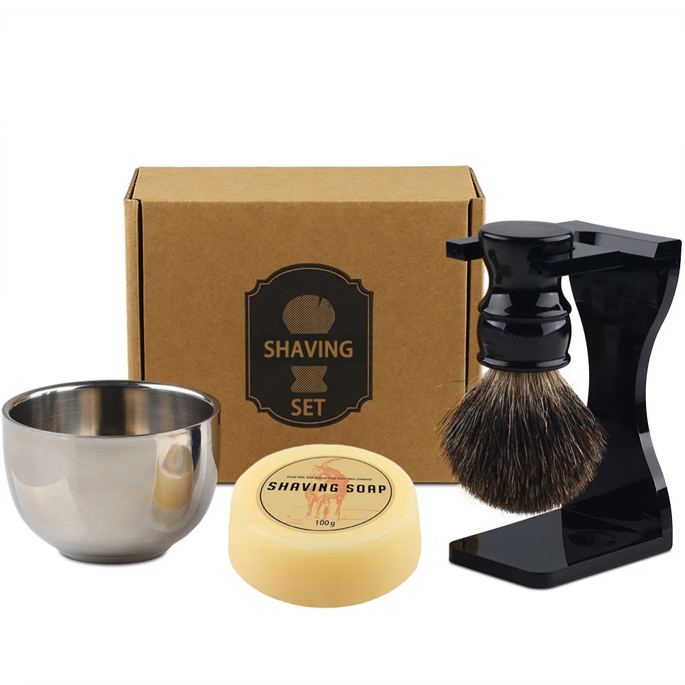 

4in1 Shaving Brush Kit,100% Badger Hair Resin Handle, Acrylic Stand, Stainless Steel Bowl Grooming Soap for Men Barber Shave Set