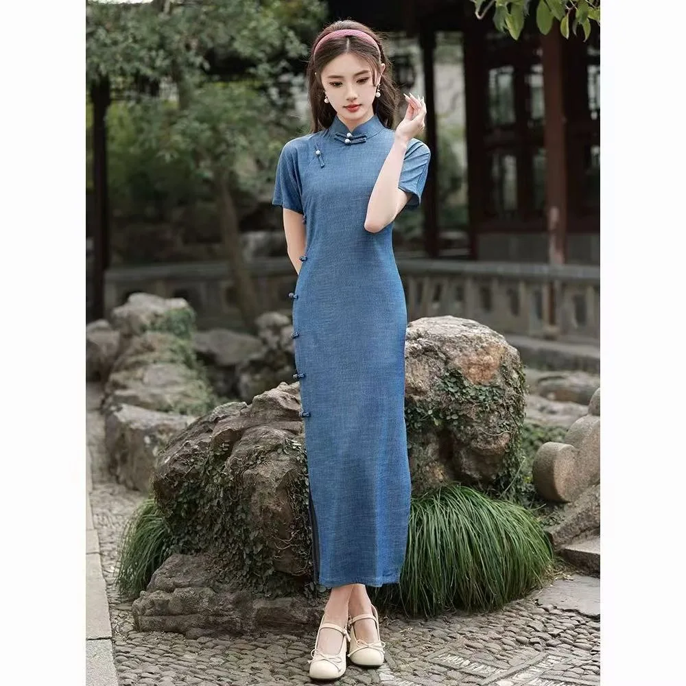 

New Blue Retro Cheongsam Slim Women Long China Dress Vintage Chinese Traditional Qipao S To XXL