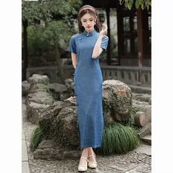 New Blue Retro Cheongsam Slim Women Long China Dress Vintage Chinese Traditional Qipao S To XXL