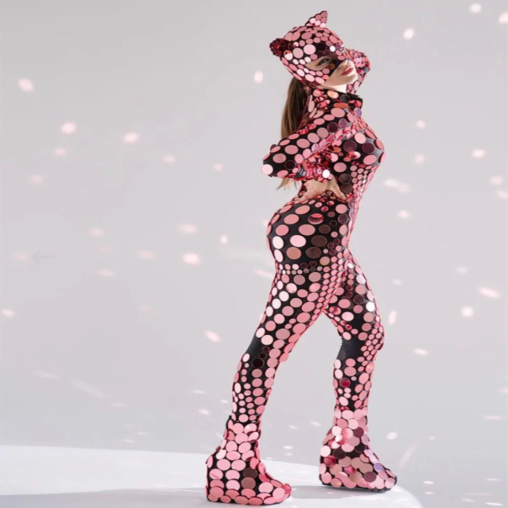 Pink Mirror Costume Rose GLASS shinny jumpsuit sexy Dancer Outfit