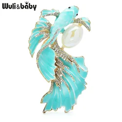 Wuli&baby Big Luxury Goldfish Brooches For Women Unisex Pearl Enamel 3-color Swimming Fish Office Party Brooch Pins Gifts