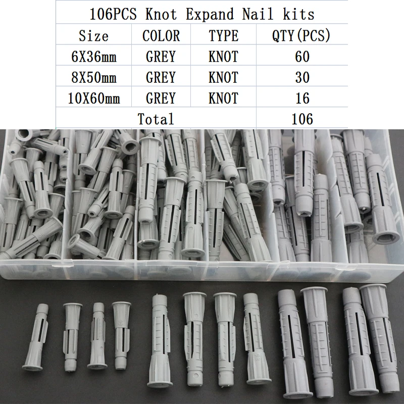 

Plastic Knot With/No CapExpand Nail Expansion Pipe M4 M5 M6 M7 M8 M10 M12 Rubber Plug PE Column Draw-Wall Screw Anchors Kits