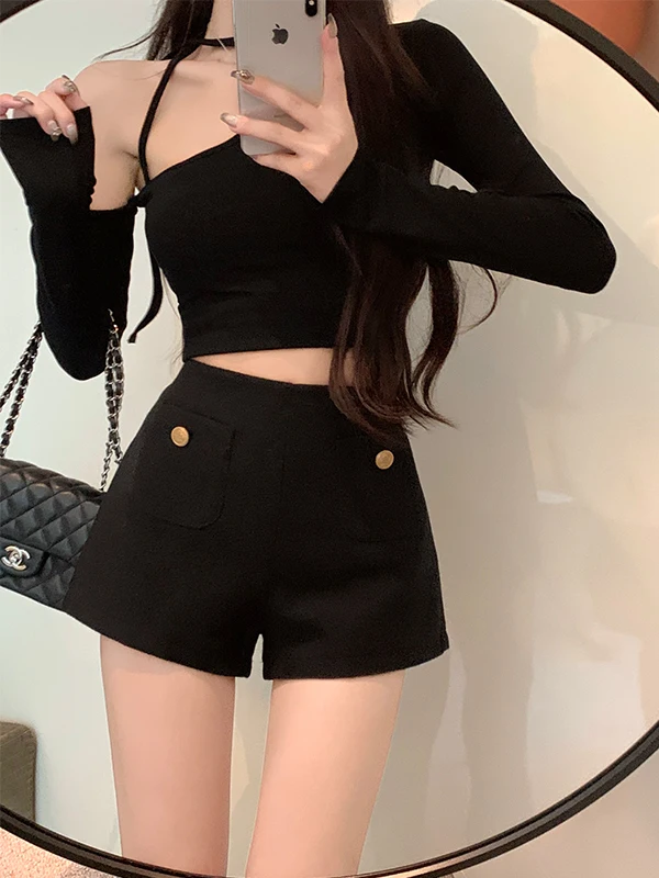 High Waist Wide Leg Pants Women's Casual Style Tweed Gold Buckle Short Pants Autumn Winter New Design Korean Version Commute ...