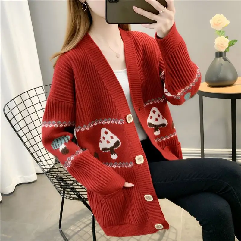 2023 New Lazy Style Women\'s Simple Embroidered Coat Loose Reducing Age Knitted Cardigan Spring and Autumn Button Long Sleeve Top