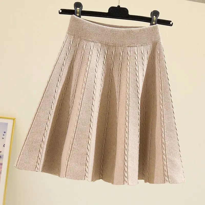 Spring Autumn Knitted Elastic Waist High Irregular Skirts 2023 New Screw Thread All-match Pleated Skirts for Women Korean Trend