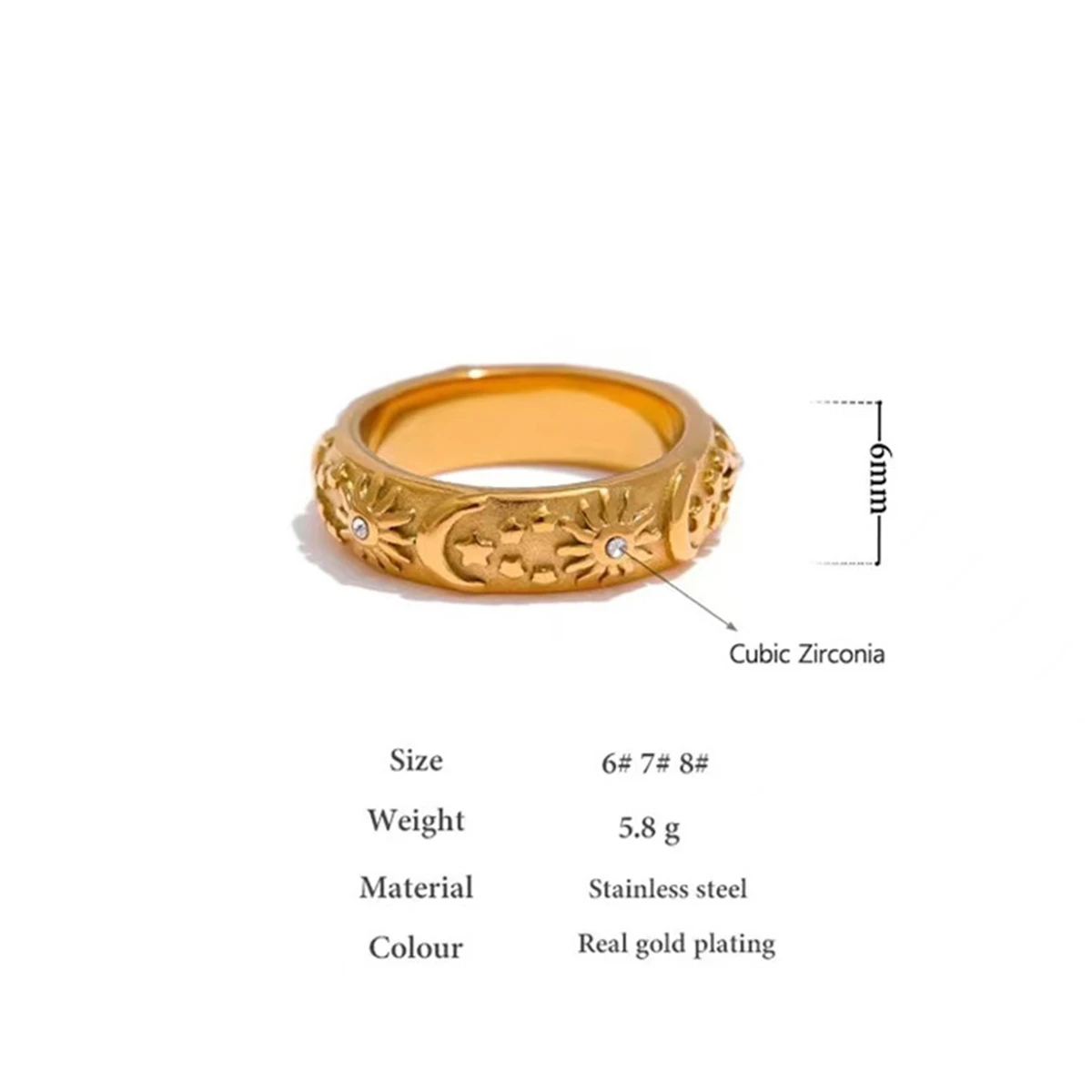 New Vintage 18K Gold Plated Stainless Steel Sun Star Moon Rings for Women Men Fashion Couple Jewelry Gift images - 6