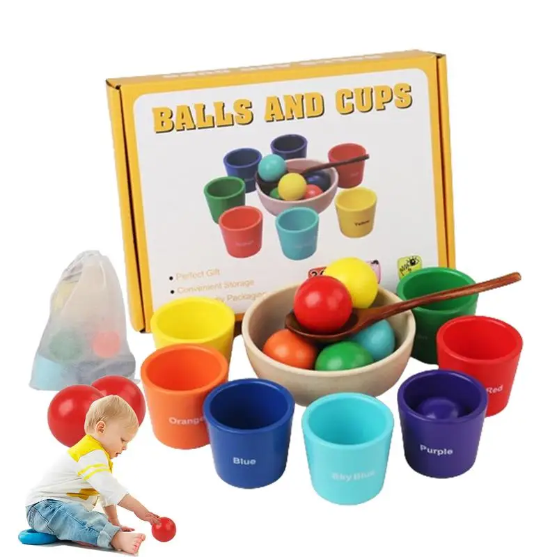 

Balls in Cups Montessori Toy Natural Wood Activity Cubes Early Development & Activity Toys with Organizer Bag for Birthday New