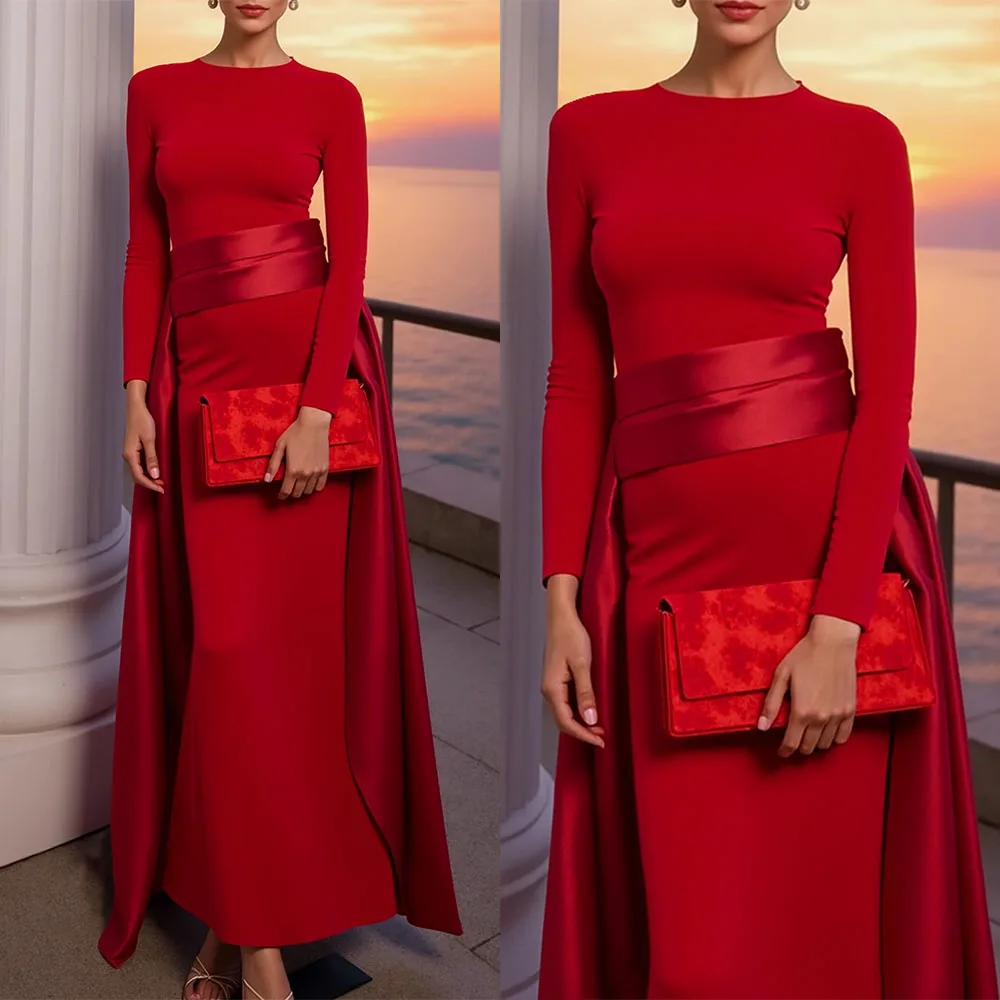 Wysokiej jakości, szyta na miarę sukienka damska z dekoltem okrągłym, długości do kostek, z długimi rękawami, o kroju litery A, idealna na sesje urodzinowe, luksusowa suknia wieczorowa.