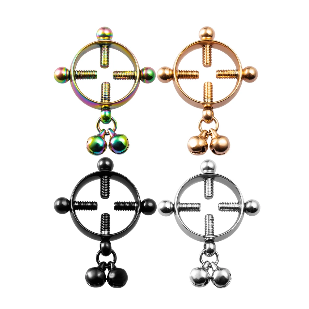 2PCS Screw Bell Pendant Fake Nipple Ring Women Stainless Steel Fashion Piercing Jewelry Body Jewelry Round Nipple Piercings Bar