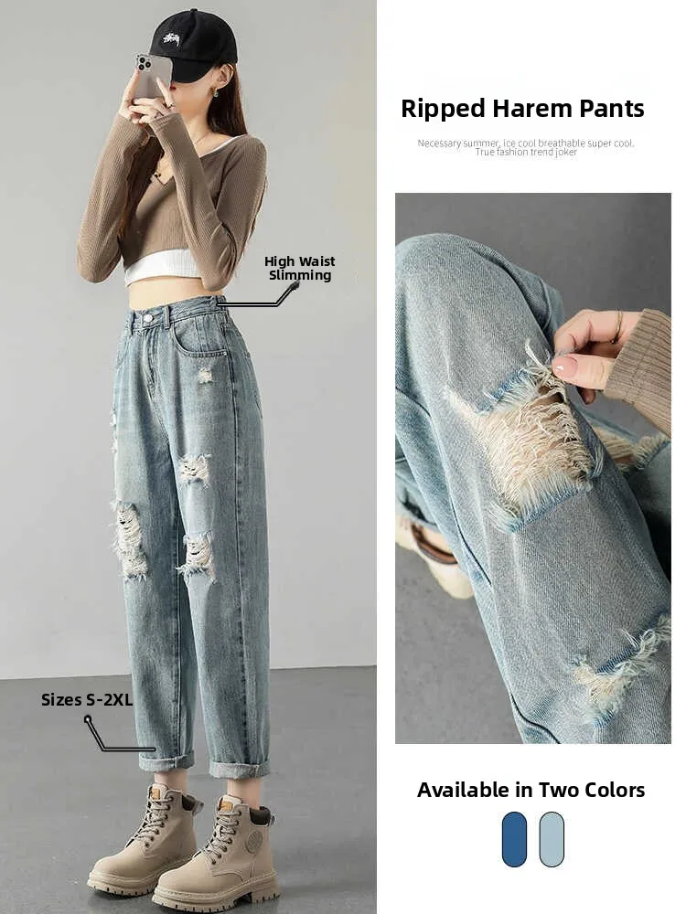 

High Waist Loose Fit Thin Denim Jeans for Women Summer Season Harlan Pants with Hole Wear Resistant Cotton Stretch Denim