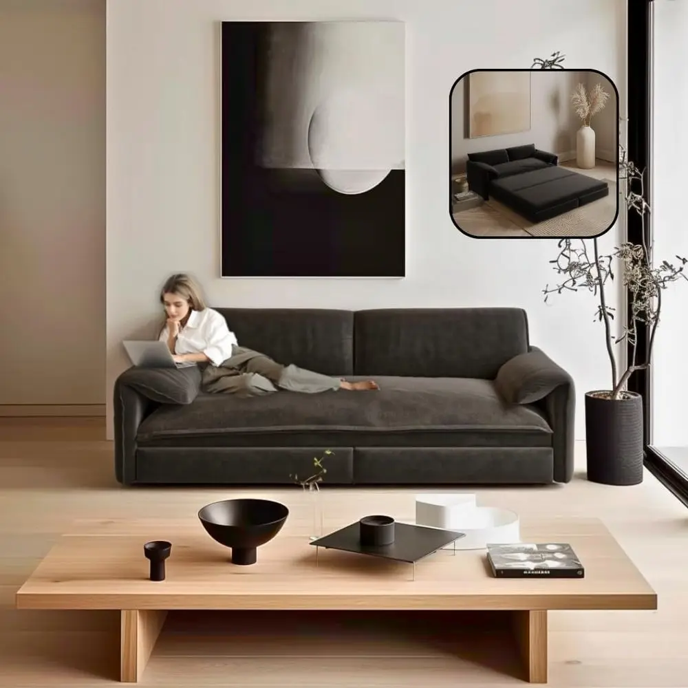 

66 Queen Size Velvet Sleeper Sofa with Storage, 3-in-1 Convertible Couch, Ideal for Living Room, Bedroom, Office (Black)