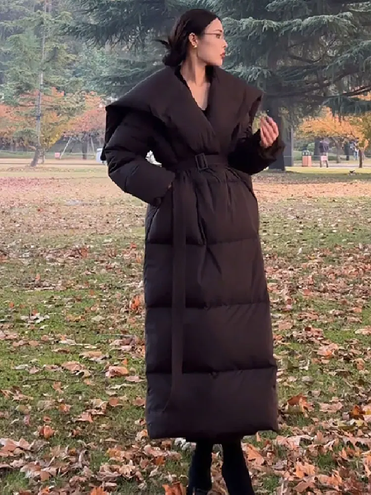 Inverno trabalho senhora do escritório estilo longo casaco grosso quente cintura larga pato para baixo jaqueta blusão com capuz casaco feminino outwear