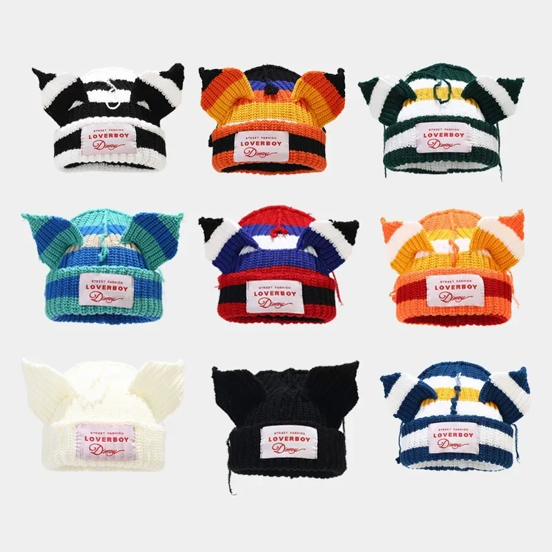 Y2k Cute Women Long Cat Ears Beanie Hat Winter Crochet Knitted Hooded Cap Kpop Hip-hop Personality Cold Hat Skullies Gift