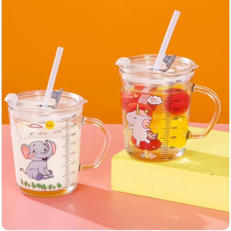 

Household Handle Glass Cute Cartoon Glass Straw Cup Children's Milk Cup with Scale Water Cup High Temperature Resistance