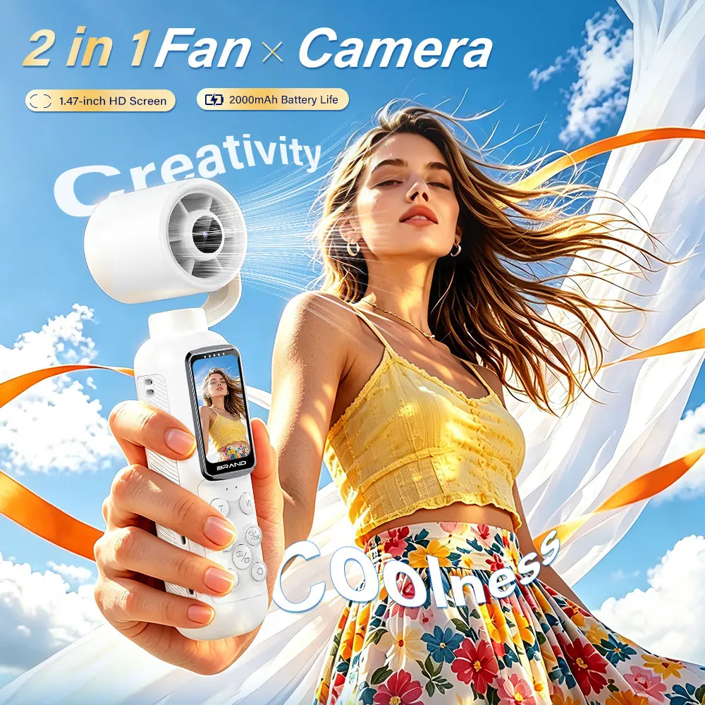 2-in-1 Handheld Vlog Camera with Portable Cooling Fan 2000mAh Rechargeable 180° Rotatable Gimbal for Outdoor Travel Camping