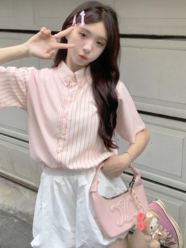 

Sweet Pink Short Sleeve Shirt Women's Summer New Korean Style Spicy Girl Striped Top Fashionable College Style Mid-Length Shirt