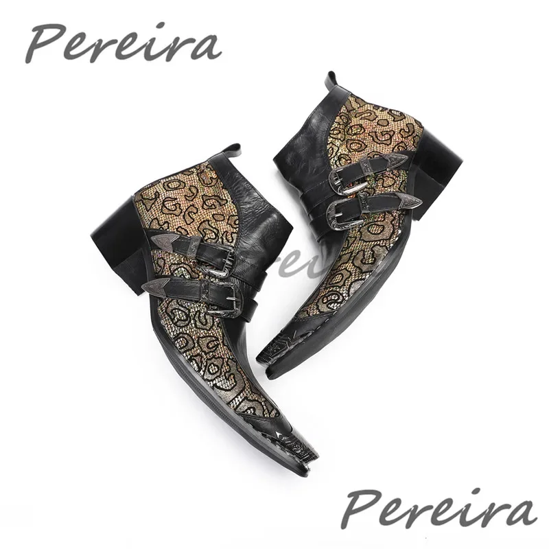 

Luxury Mixed Colors Men Short Boots Iron Pointed Toe Metal Belt Buckle High Heel Chelsea Boots Fashion Party Cow Leather Shoes