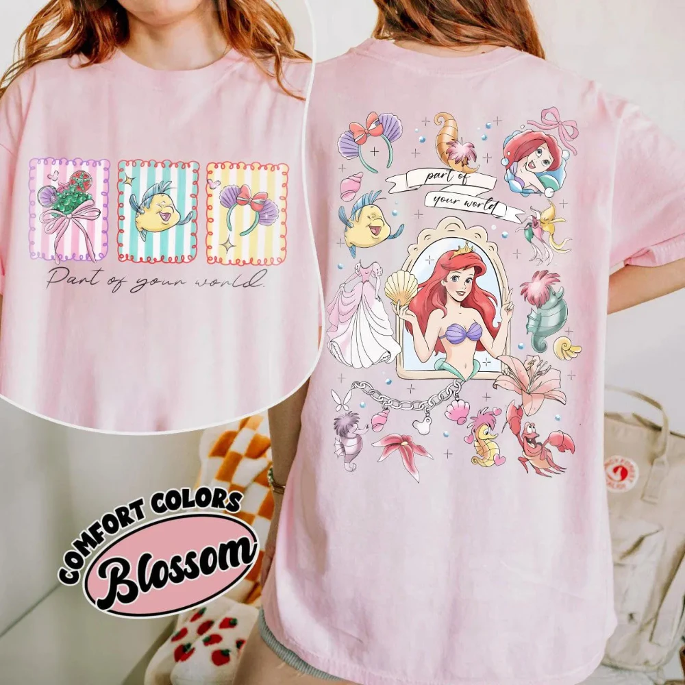 Bow Watercolor Little Mermaid Little Flounder T-shirt, Disney Princess Ariel Character, "Your World" T-shirt, Disney World Tour