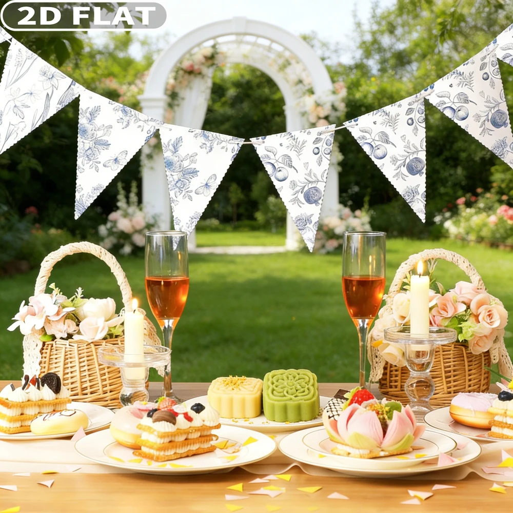 2D FLAT 1 Set 9 Pcs Blue White Vintage Floral Hanging Ornaments Polyester 13x18cm/5.1x7.1 Inch Wedding Garland Triangle Banner