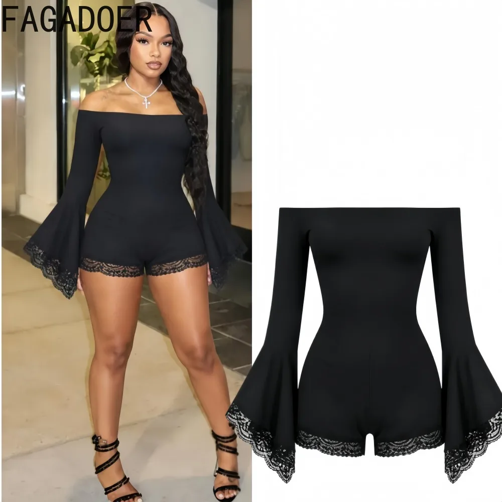 FAGADOER Sexy Lace  Patchwork Bodycon Rompers Women Street Black Off Shoulder Long Flare Sleeves Jumpsuits Night Club Playsuits