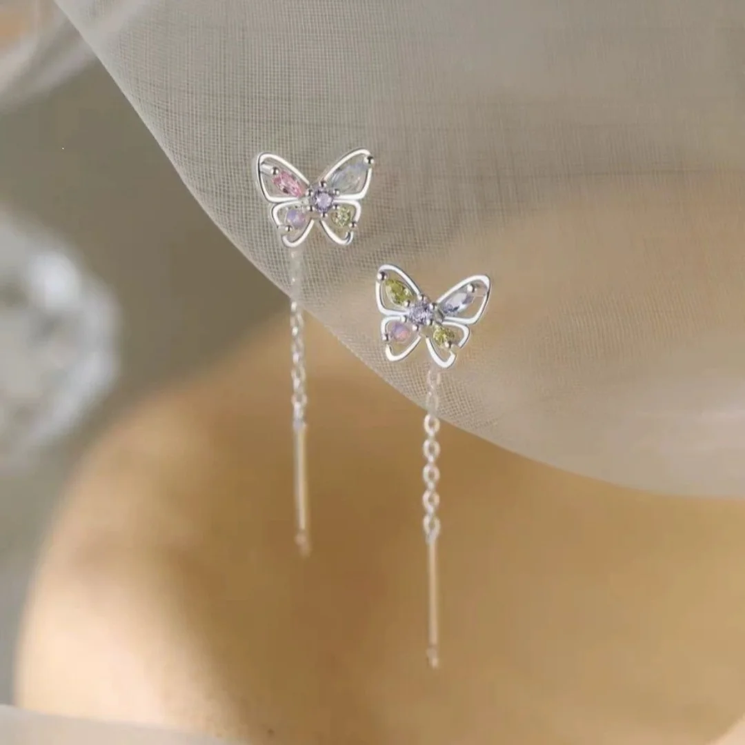 Uini Tail Hot Selling 925 Pure Silver Needle Colored butterfly Ear Line Female 2026 New niche Design High-End Ear Accessories