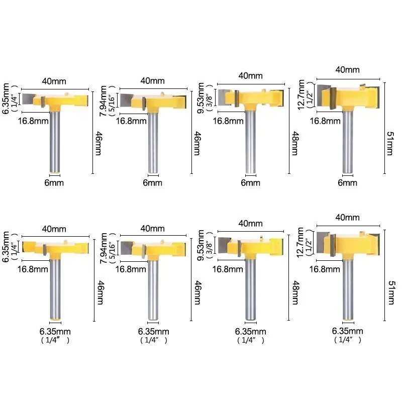 Milling Cutter 6mm/6.35mm Shank T-Slotting Cutter Industrial Grade Wood Router Bit for Woodworking Tools 