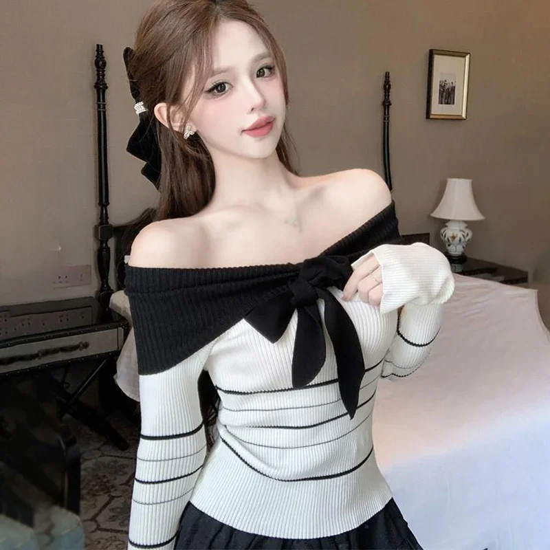 Women Sweater Korean Version Striped Contrasting One-Shoulder Bow Tie Slim Sweet Knit Long-Sleeved Off Shoulder Top