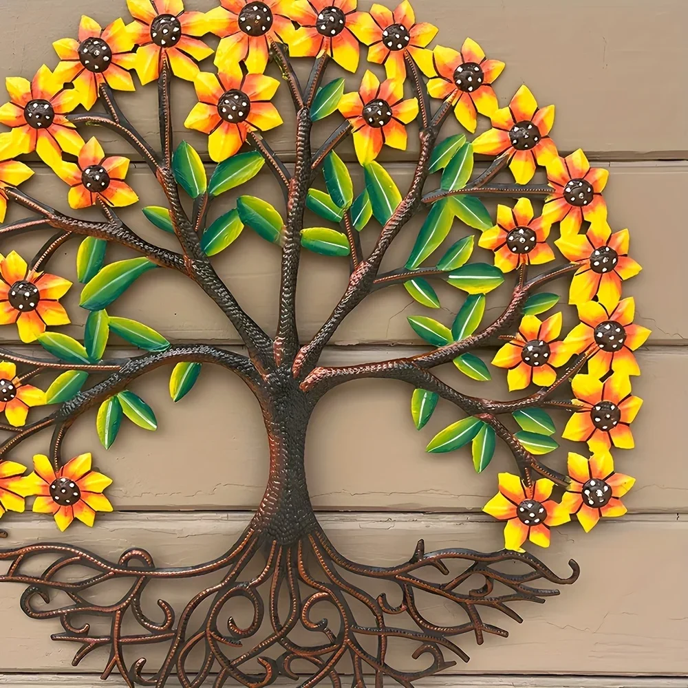 CIFBUY Metal Wall Art Sunflower Tree of Life 2D Flat Iron Bohemian Haitian Style Hanging Decor For Home Indoor Outdoor