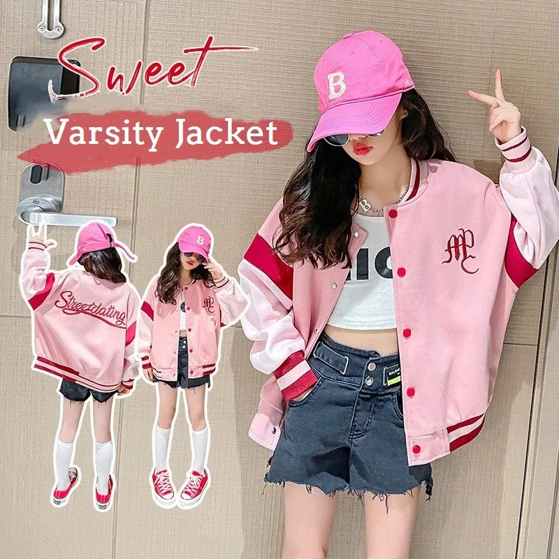 Girls Spring Autumn Sweet Pink Single-breasted Embroidered Sweat Varsity Jacket School Kids Track Coat Child Outfit Tops 5-16Yrs