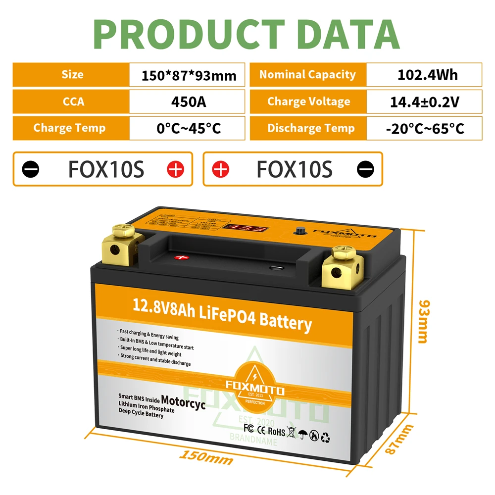 FOX10S 12.8V 102.4Wh CCA450A BMS Motorcycle Start Battery 12.8V Lithium iron Phosphate Scooter LiFePO4 Batteries YT10S-BS FOX10S