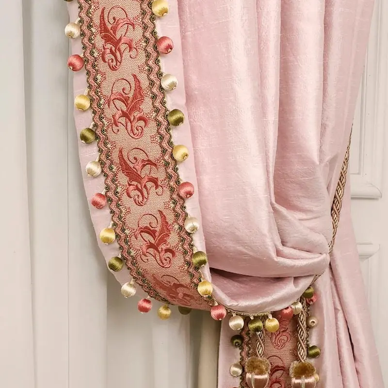 French Pink Velvet Lace Embroidery Lace Splicing Curtains for Living Room Bedroom French Window Villa Customized Finished