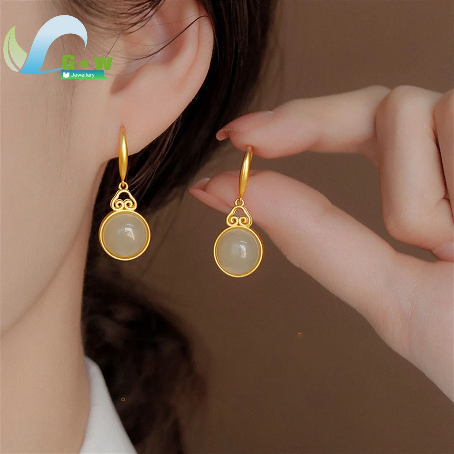 Ancient Method Gold Inlay Pure Silver Natural Smoke Purple Hetian Jade Peace Buckle Chinese Court Retro Vintage Style Earrings