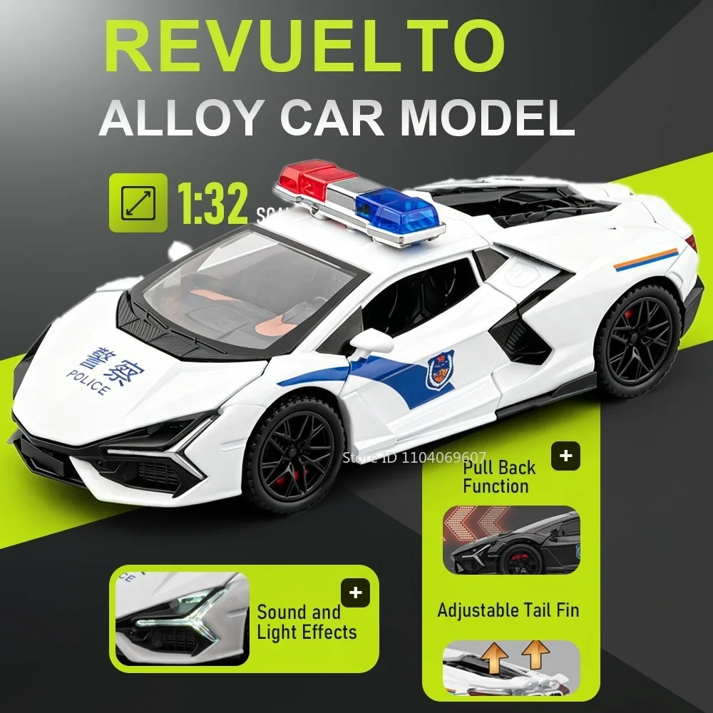

1:32 Revuelto SVJ63 Model Sports Car Toys Alloy Diecast Miniature Police Cars Sound Light Doors Opened Pull Back Toy Supercars