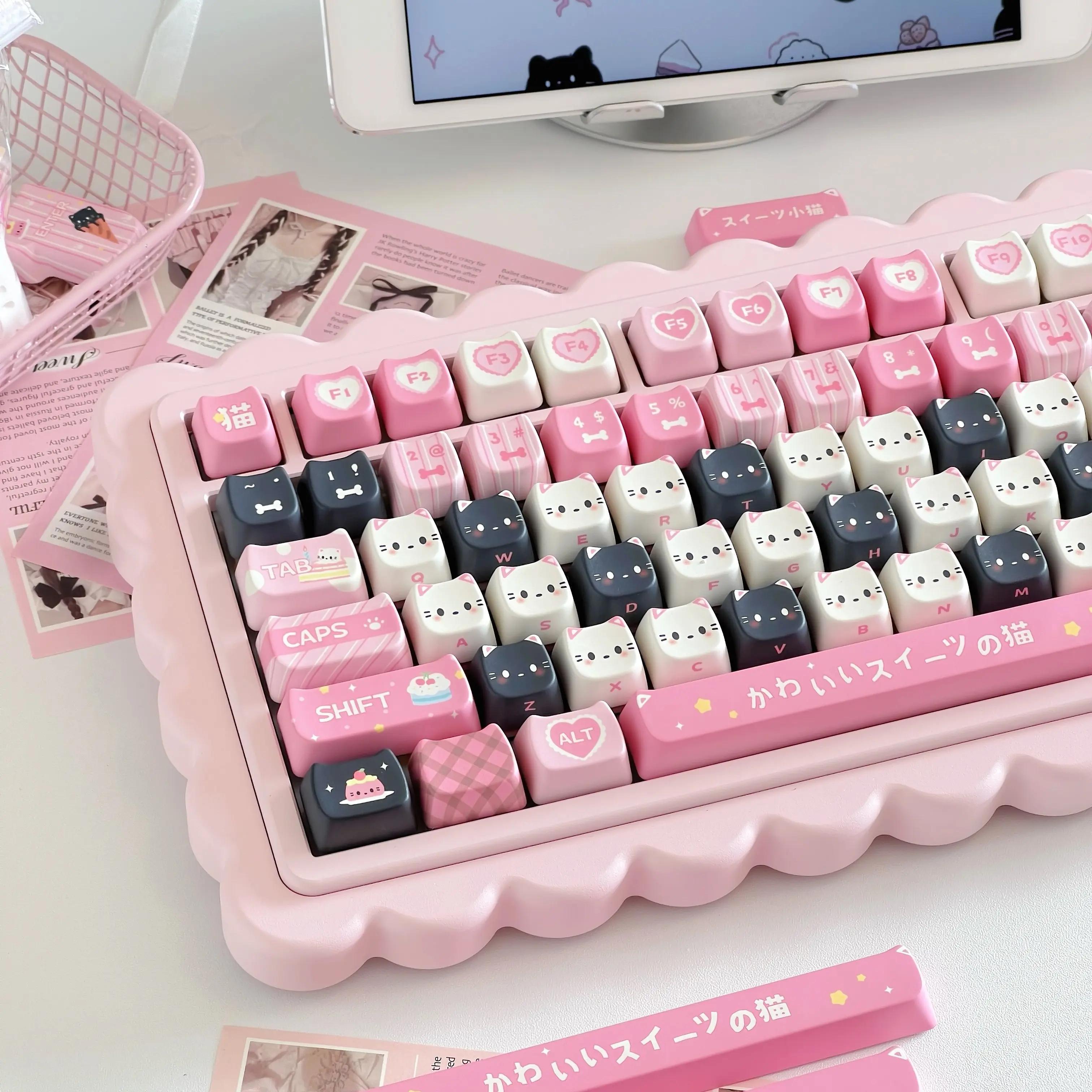 

Кейкапы MAIMOOO Cat Dessert, профиль MAO, черно-розовые, с милыми кошачьими головами, PBT, сублимационная печать, кастомные кейкапы для механической клавиатуры, подарки для девушек