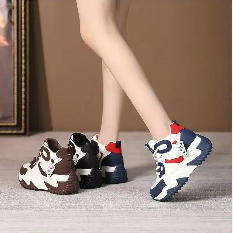 Women Walking Sneakers New Autumn Lace-up High Platform Chunky Shoes Breathable Leather Shoes 10.5CM Wedge Heels Casual Shoes