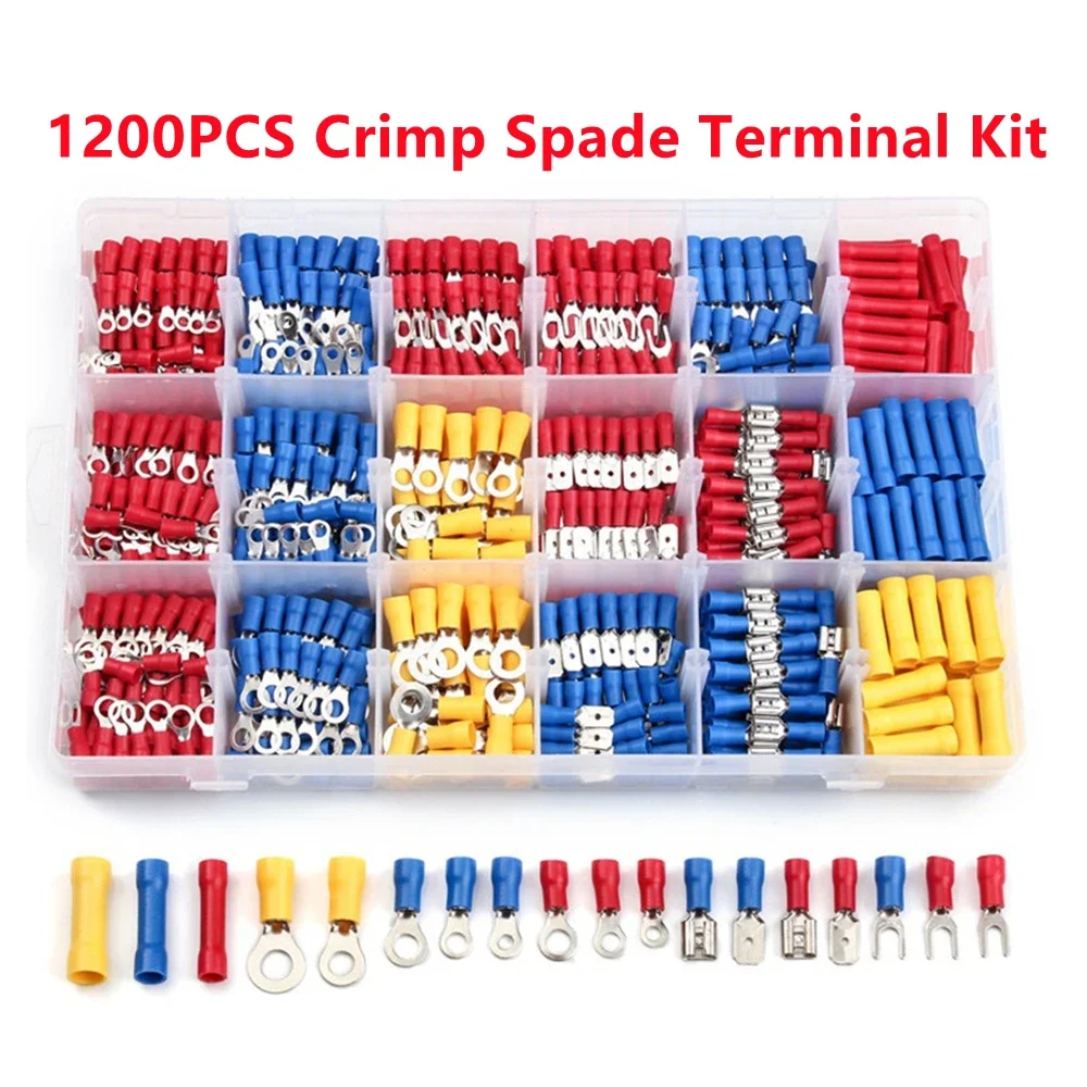 140/480/1200PCS Insulated Cable Connector Electrical Wire Assorted Crimp Spade Butt Ring Fork Set Ring Lugs Rolled Terminals Kit