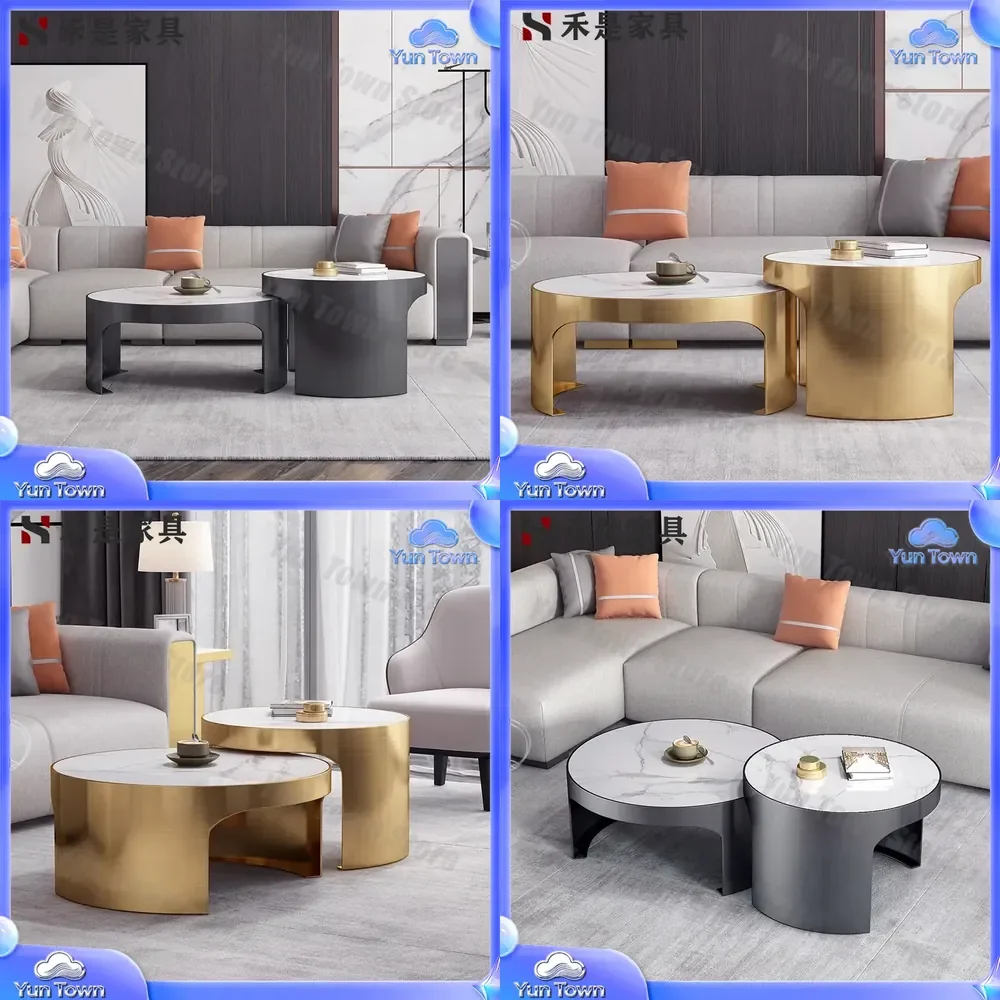 Round Rock Slab Coffee Table for Italian Minimalist Style Stainless Steel Living Room Modern Simple Small Apartment Tea Table