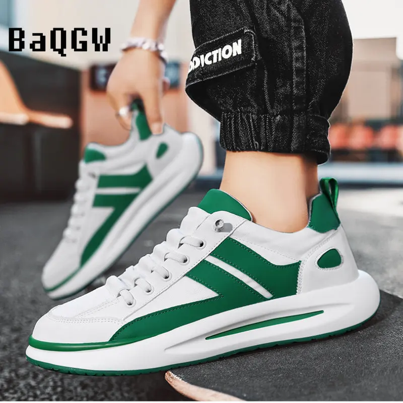 Chunky Sneakers Men Soft Sole Running Shoes Fashion Casual Leather Fabric Breathable Height Increased Flat Platform Board Shoes