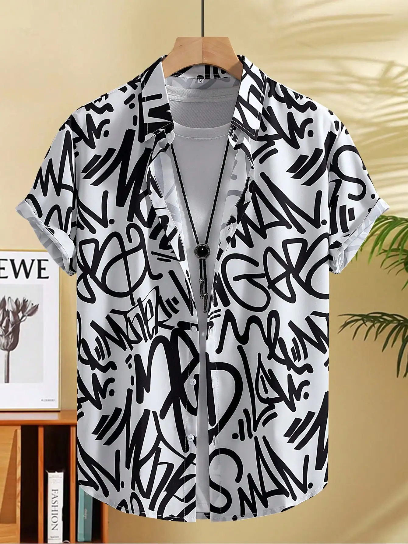 

Men's Casual Short Sleeve Shirt with Abstract Black Print on White