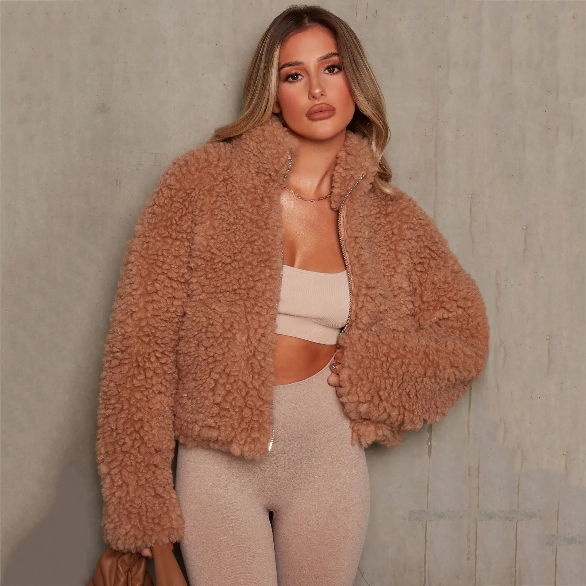 Chic Faux Lambswools Teddy Jacket Hairy Fleece Bomber Coat Plush Stand Collar Velvet Cardigan Outwear Zipper Shaggy Parka Tops