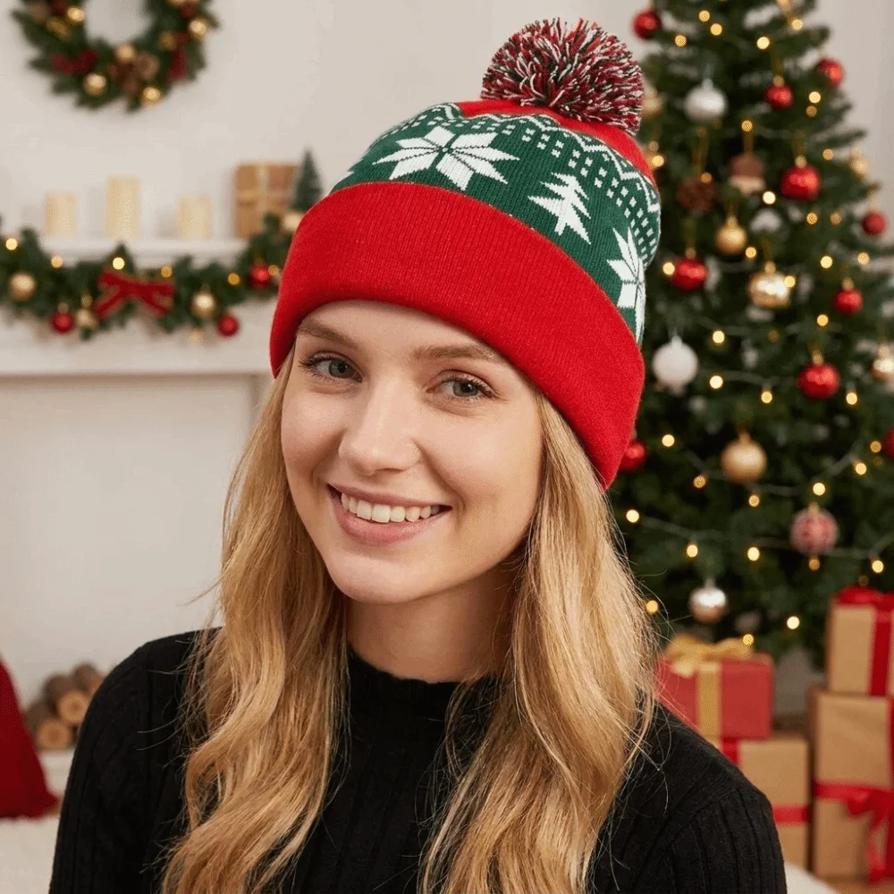 Vintage Snowflake Christmas Hat Jacquard Wool Knitted Beanie Hat Warm Gift Christmas Knitted Hat Women