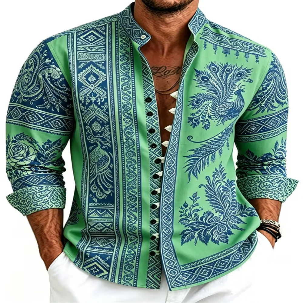 Men Peacock Ethnic Print Long Sleeve Shirt Mandarin Collar Bohemian Style Button‑Up Shirts For Men Holiday Beach Casual Tops