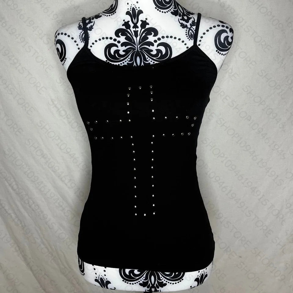 

Haraiuku Y2K New Summer Cute Cross Ironing Clothes American Retro Sleeveless Vest Personalize Tee street Casual Women's Clothing