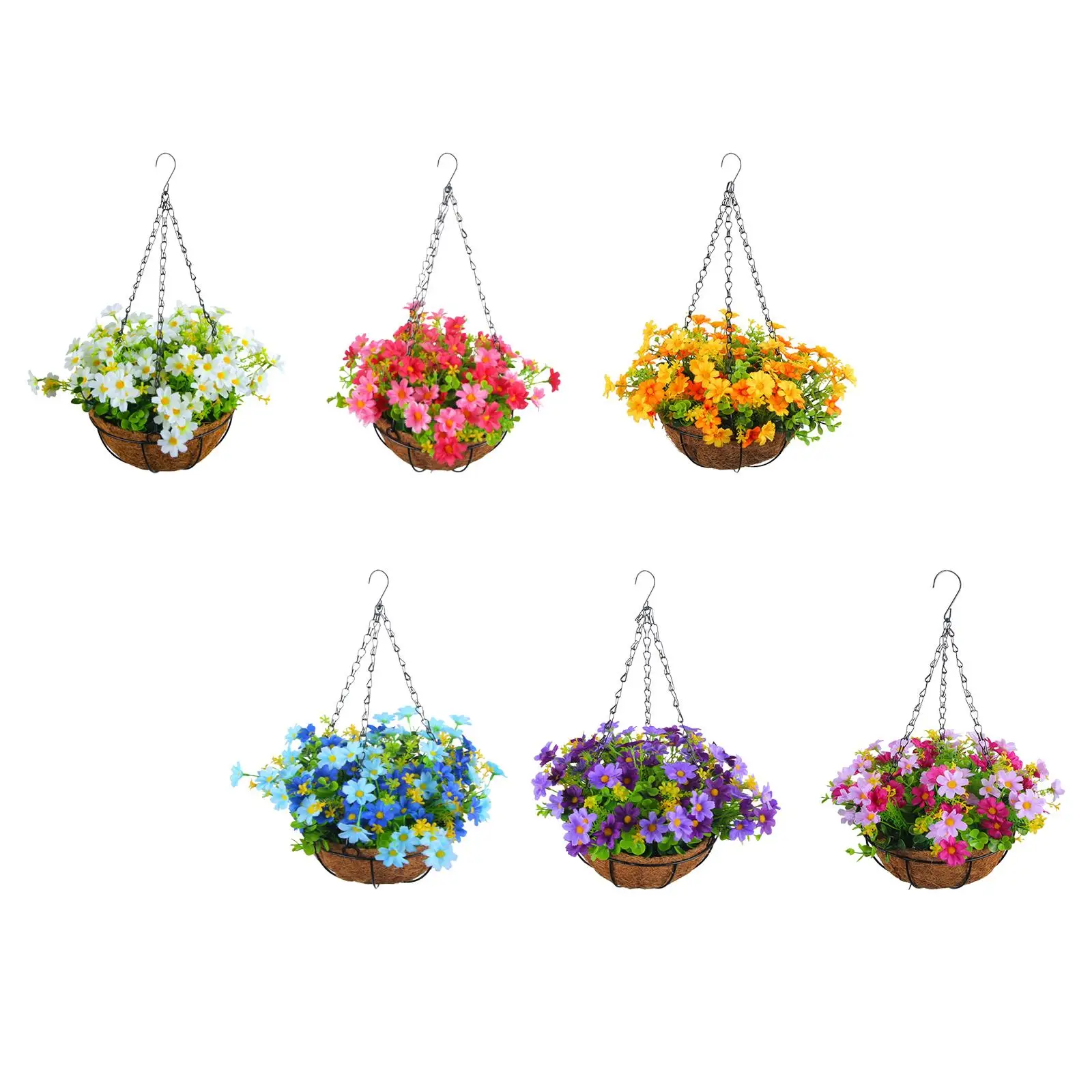 Hanging Artificial Daisy Flowers Basket Ornament Chain Flowerpot Hanging Planter Fake Hanging Plant for Porch Balcony Lawn Patio