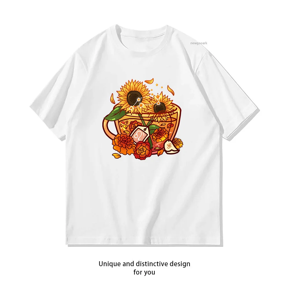 Leo Zodiac sunflower Teacup T-shirt woman man Casual cotton graphic t shirts Adult streetwear camisetas tops tee Short-sleev