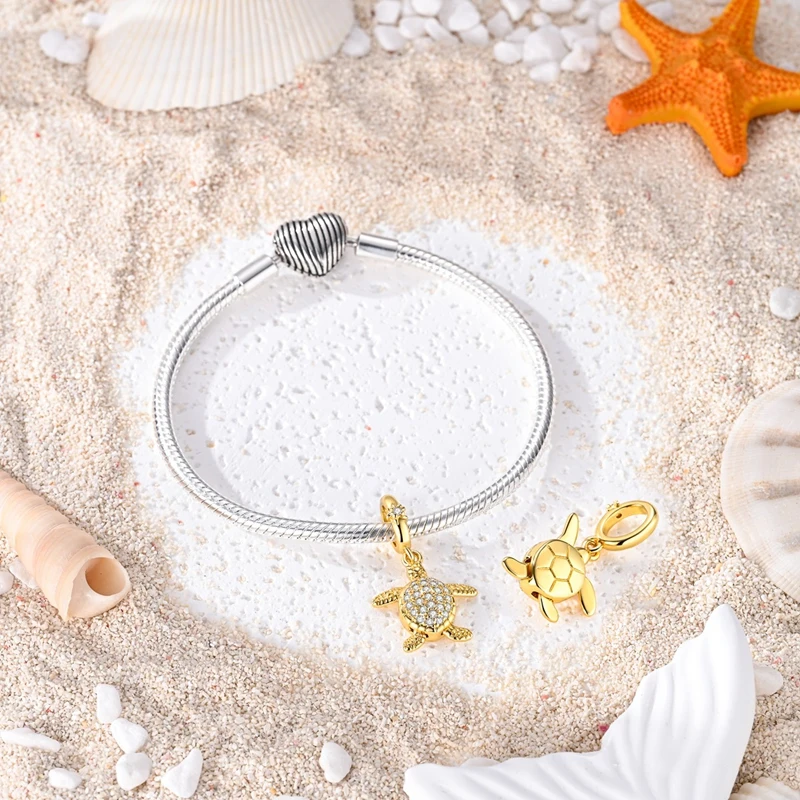 925 Sterling Silver Golden Active Sea Turtle Charms Pendant For Women Fit Original Bracelet DIY Birthday Party Jewelry Gifts