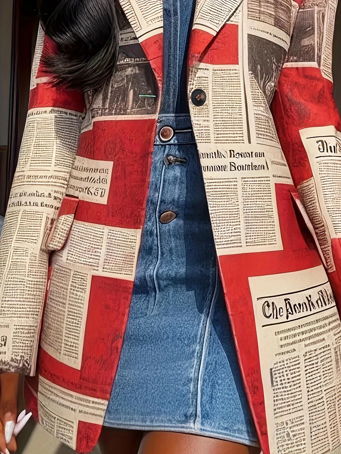 سترة بدلة متوسطة الطول بطباعة رقمية ونص عتيق أنيق وأنيق وأكمام طويلة للمكتب التجاري في المناطق الحضرية #2