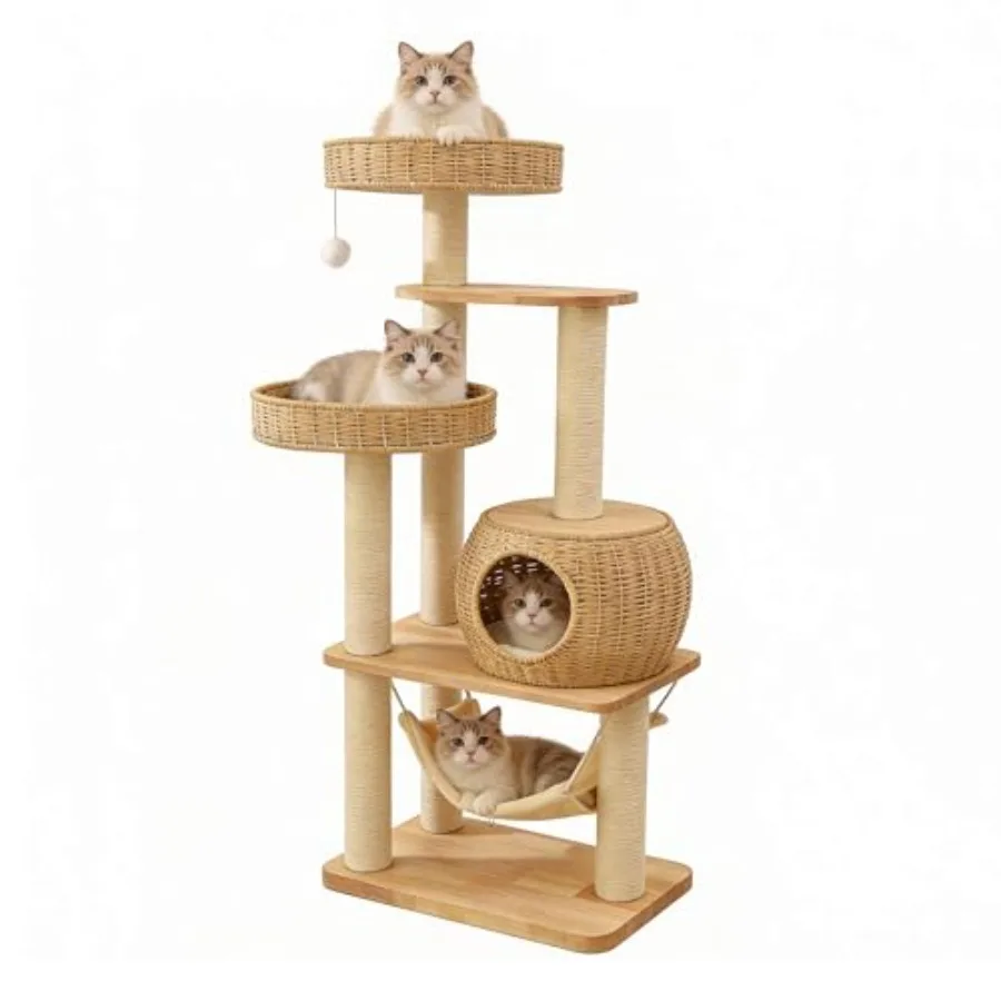 

55 Wood Cat Tree for Indoor Cats Large Adult Tall Cat Tower with Scratching Post and Cozy Hammock for Large Cat Multi-Level Mod